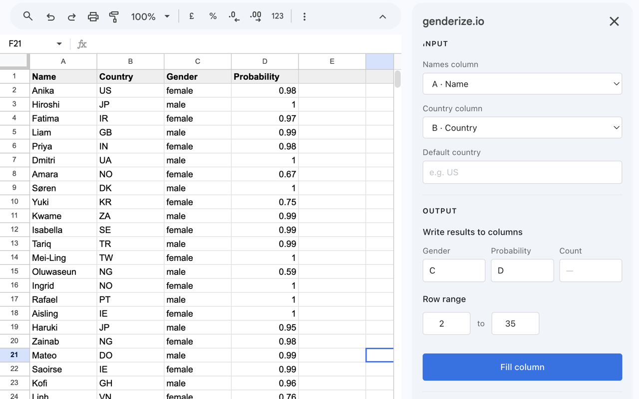 The Genderize.io sidebar in Google Sheets with column B selected as the country column.