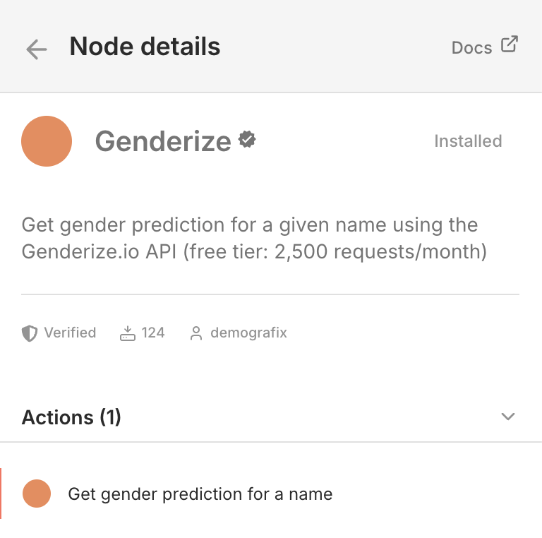 n8n node picker with Genderize selected.